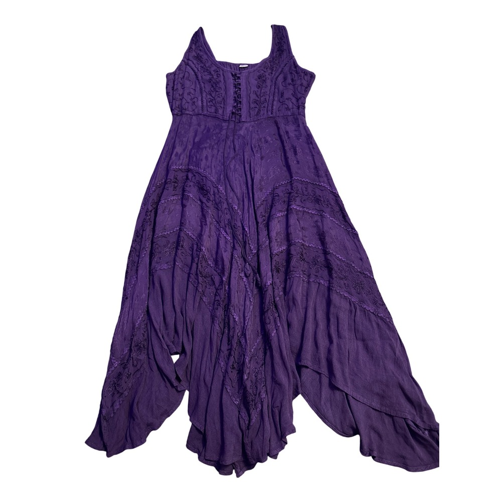 Deep Purple Embroidered Boho Fairycore Witchy Sharkbite Maxi Dress Free Size